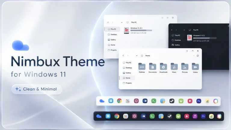 Nimbux Theme for Windows 11 with dark mode and custom taskbar