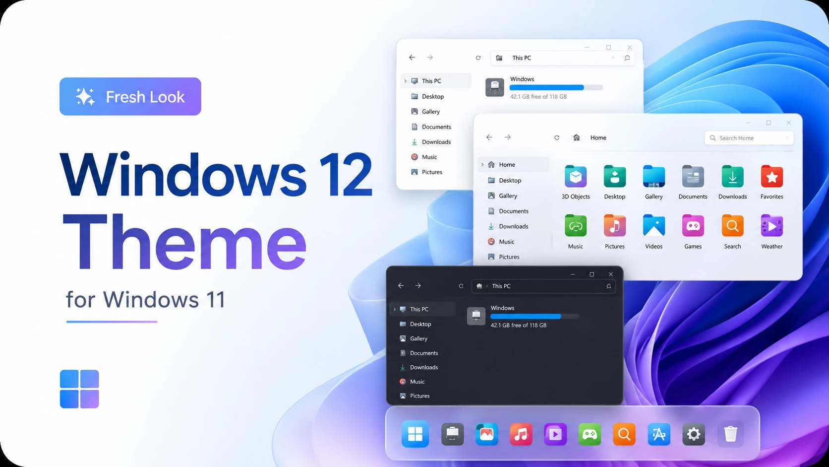 Windows 12 Theme for Windows 11 with futuristic glass desktop design